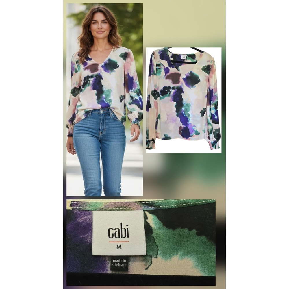 CABi Floret Mystic Blouse Watercolor Top 4341 Size Med Flowy Pleasant Smocked